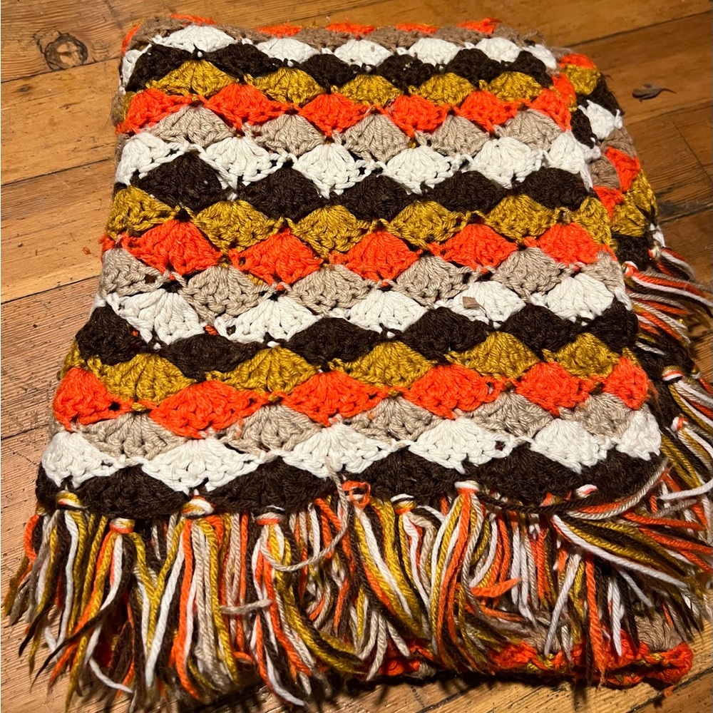 Vintage 70s Colorful Crochet Blanket with Fringe